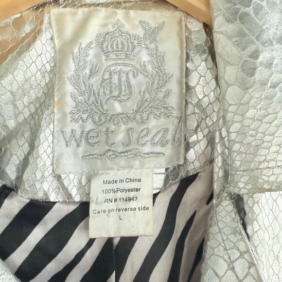 Y2K Wet Seal Snake Print Trench Coat Metallic Silver Jacket Womens S Vtg 2000s - Picture 7 of 9